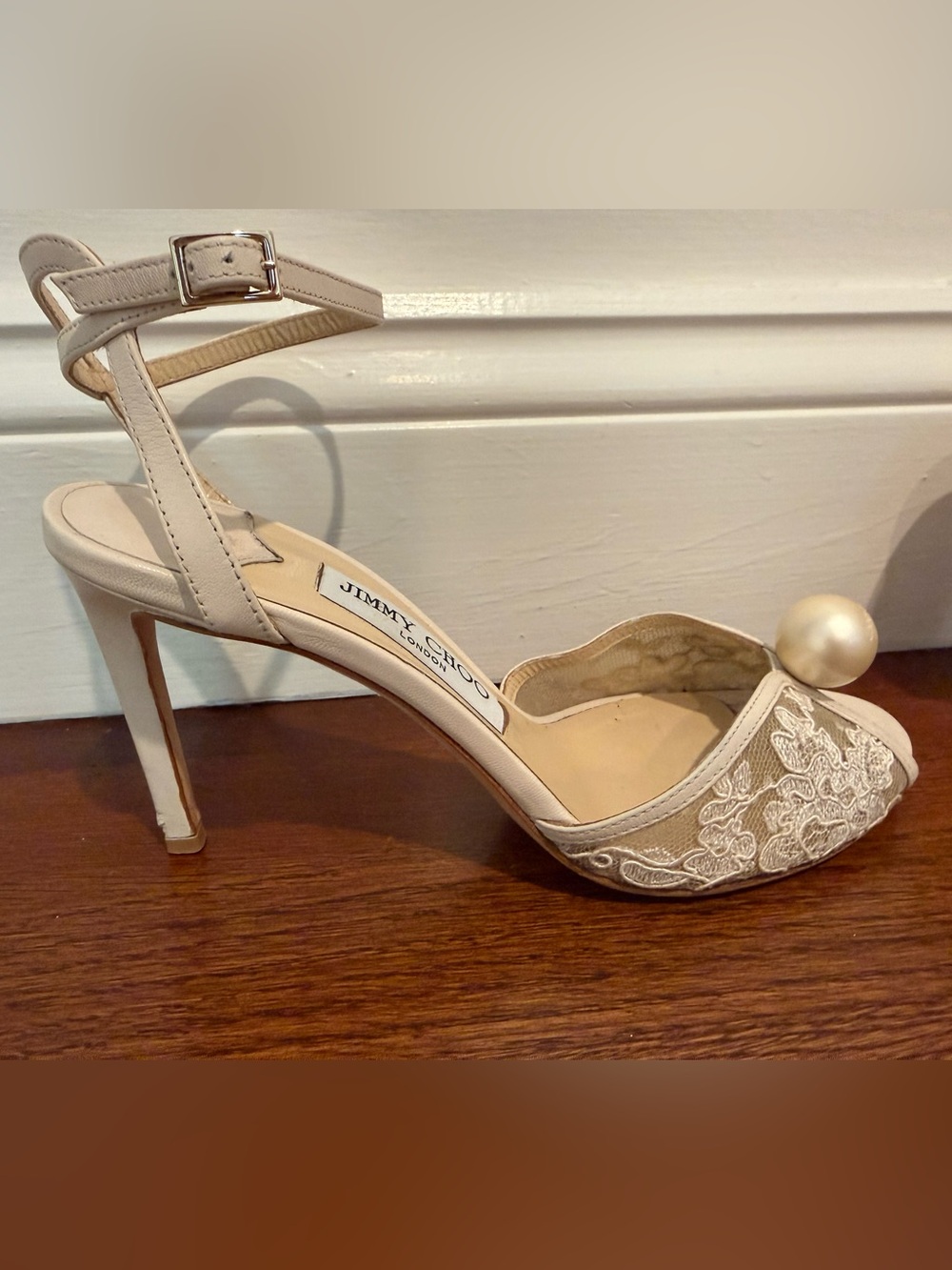 Jimmy Choo Sacora 85 MM Ivory Lace Peep-Toe Ankle Strap Heels with Pearl - Picture 9 of 16